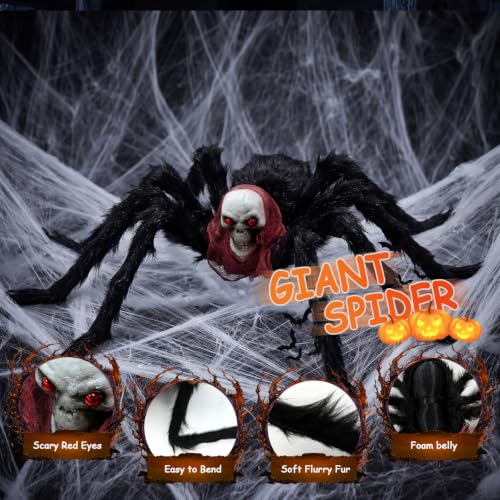 Halloween 55sqft Glow Cobweb 30in Giant Hairy Spider with 20 Small spiders | Hairy Black Spider Spooky Set Giant Scary Fake Haunted House Prop for Yard Lawn Party, Indoor Outdoor Halloween Decor - image 2
