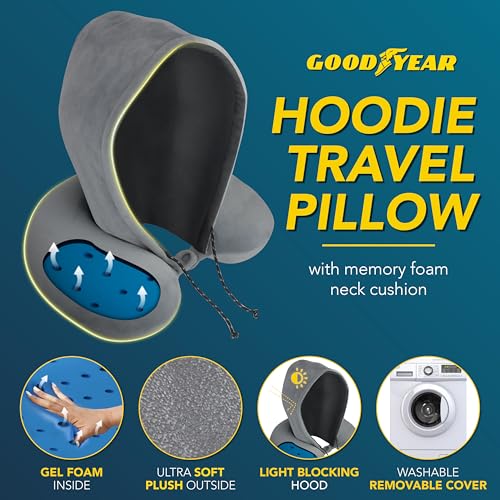 Image of Goodyear Travel Pillow with Hood - Neck Support for Comfortable Travel, Hooded Neck Pillow for Flights and Road Trips, Gray