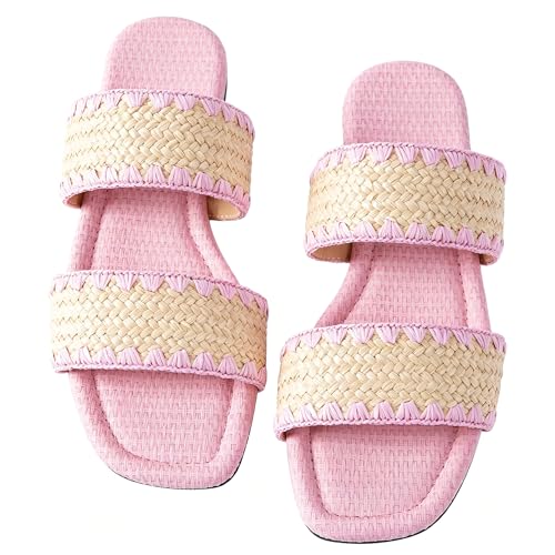 Image of Mtzyoa Women Flat Sandals Raffia Braided Summer Straw Dressy Casual Vacation Bohemian Cute Beach Comfy Slip On Slides
