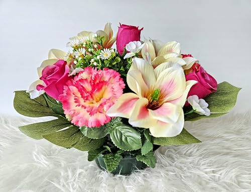 roselynexpress Composition de Fleurs Artificielles, Lesté Ciment pour Une Très Bonne Tenue à L' extérieur. Réalisé par Nos Soins, Fleurs de Qualité.