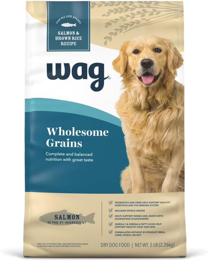 Amazon Brand – Wag Dry Dog Food, Salmon and Brown Rice, 5 lb Bag