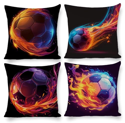 クッションカバー 4枚セット 35x35cm 正方形 おしゃれ かわいい 北欧 隠しファスナー 亜麻 ソファ背当て 装飾枕カバー 座布団カバー 家庭装飾 車 椅子 飾り 四季通用 インテリア 女性 祝日のプレゼント (サッカー) q-799