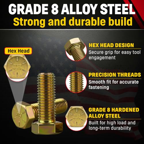 Image of Chenango Supply 5 /8-11 x 1-3 /4 inch Grade 8 Hex Head Cap Screws | Alloy Steel Hex Bolts, 150,000 PSI Tensile Strength, Yellow Zinc Chromate Finish, USS Coarse Thread Fasteners (10 Pack)