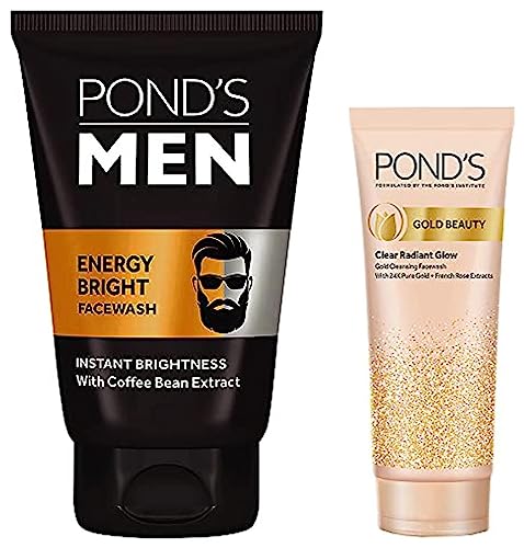 Image of POND'S Gold Beauty Gold Cleansing Face Wash, 24K Pure Gold, 100 g & POND'S Men's Energy Bright Face Wash Coffee Beans Bright Skin, 100g
