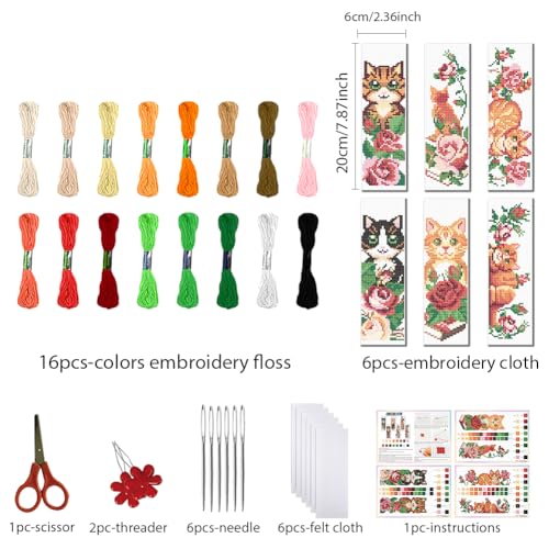 Image of FREEBLOSS 6 Set Cat Cross Stitch Bookmark Kits Rose Pattern Stamped Cross Stitch Kit DIY Embroidery Kit Bookmark Craft Kit with Instructions for Beginners 6x20cm