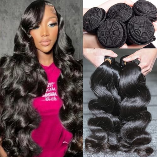 Aelinsi 12A Brazilian Virgin Hair Body Wave Human Hair 4 Bundles 16 18 20 22 inches 100% Unprocessed Human Hair Bundles Body Wave Extensions Double Weft Natural Black