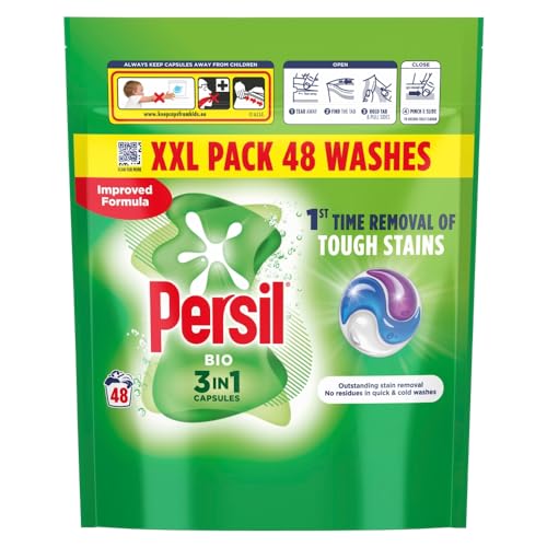 Persil Cápsulas de lavado Bio 3 en 1, eliminación por primera vez de manchas difíciles, excelente eliminación de manchas en lavados rápidos y fríos, 48 lavados