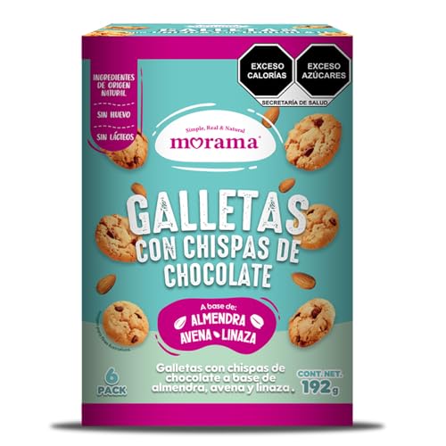 Galletas con chispas de chocolate Morama | 12 pack | Galletas con harina almendra, avena y linaza | SIN azúcar refinado | Snack saludable | SIN leche | SIN huevo | Ingredientes de origen natural | SIN conservadores artificiales | Con Vitamina E | Vegano