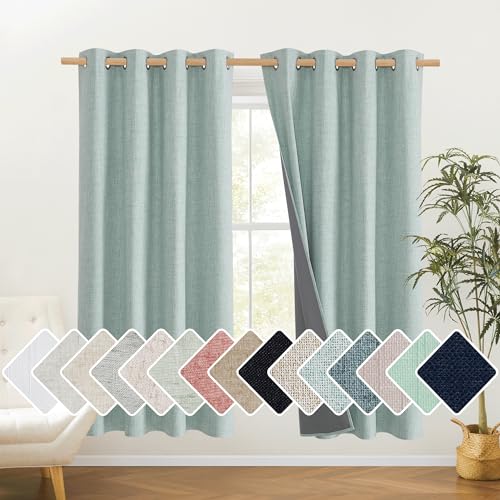 NICETOWN 100% Absolutely Blackout Linen Curtains with Thermal Insulated White Liner, Seafoam Green, 52" Wide, 72" Length Energy Saving Curtains for Li