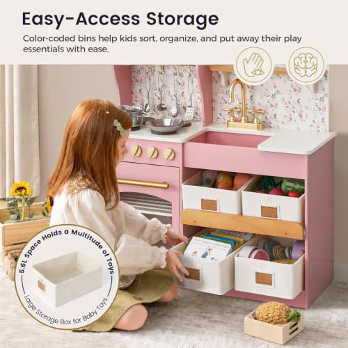 Image of Tiny Land Wooden Play Kitchen for Kids with Toy Storage for Pretend Play