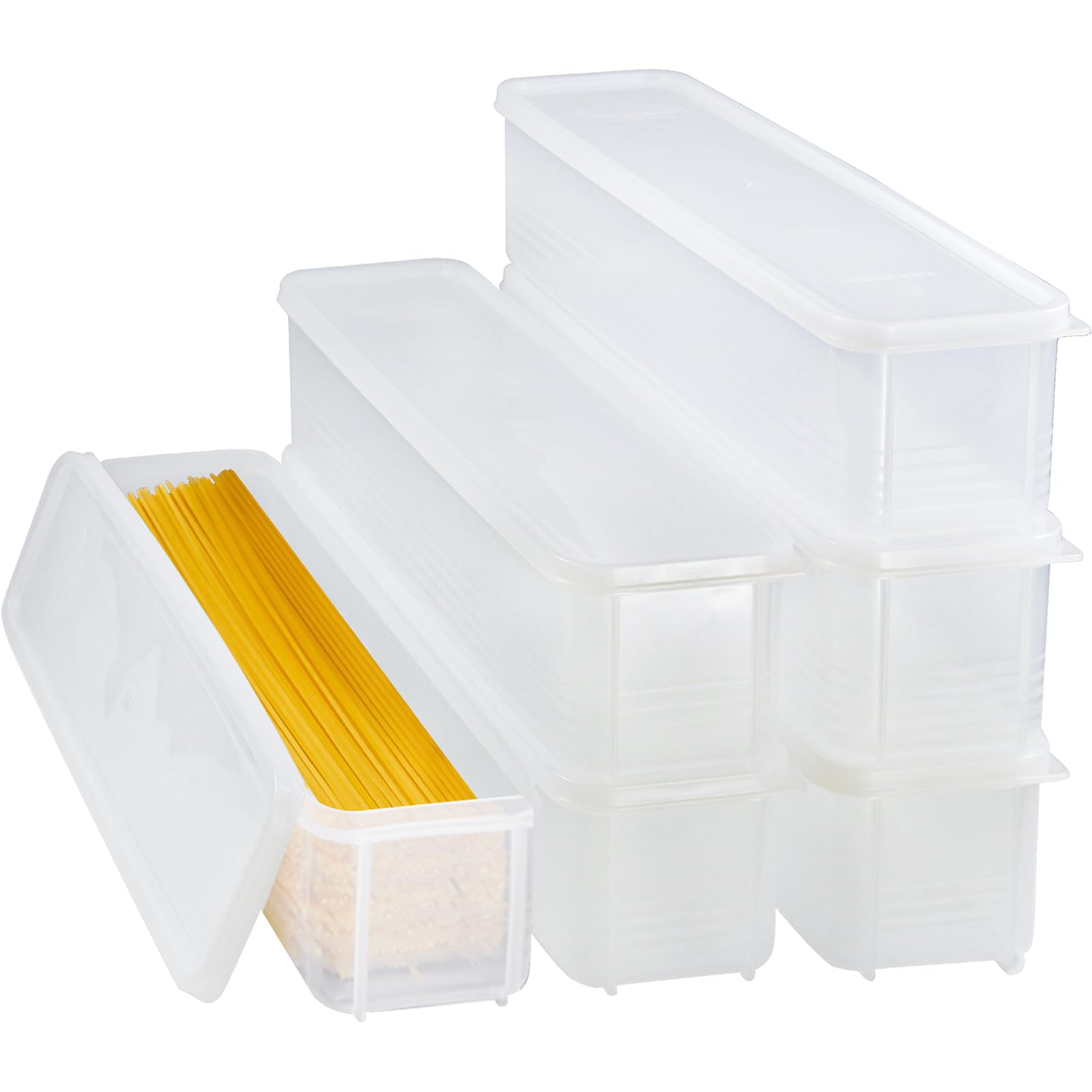FEOOWV Set of 6 Pasta Storage Containers with Lid, Airtight Spaghetti Noodle Holder Rectangular Chopstick Storage Box Sealed Noodle Canisters for Refrigerator, Kitchen Pantry (White)