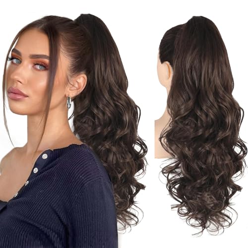 Image of N NAYASA Dark Chocolate Brown Ponytail Extension, 24 inch Long Curly Wavy Claw Clip in Ponytail Hair Extensions, Jaw Clip on Pony Tails Fluffy Hairpiece for Women Daily Party Use