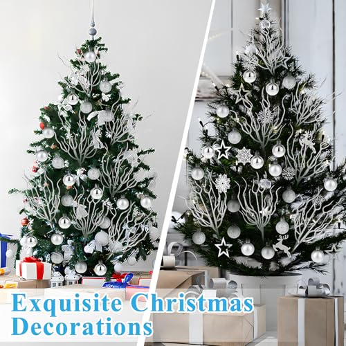Decoración costera plateada para árbol de Navidad con ramas de brillo de 13" y bolas, 32 uds. 6