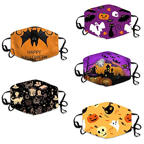 5 Pack Cotton Reusable Face Mask Halloween Series Printed Unisex Adults Face Masks Protection Fabric Adjustable Earloops Breathable Women Men Balaclavas Mouth & Nose Cloth Covering