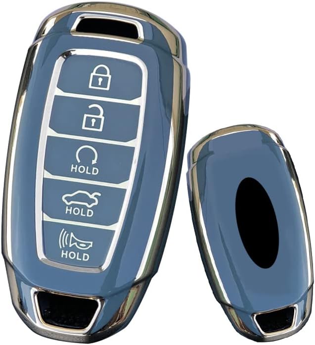 SANRILY Golden-edge 5 Button Key Fob Cover for Hyundai Palisade Elantra 2020 2021 Keyless Full Protection Key Fob Case with Leather Keychain Gray-blue