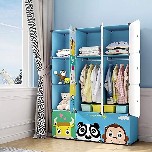 MAGINELS Children Wardrobe Kid Dresser Cute Baby Portable Closet Bedroom Armoire Clothes Hanging Storage Rack Cube Organizer ，Large Blue 8 Cube & 2 Hanging Section