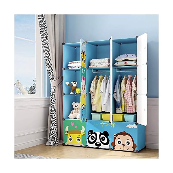 Maginels kids closetbaby wardrobe closet with doorcute portable armoire dresserclothes hanging storage rack for boy bedroomblue12 cube14x14inch  urban country home decor