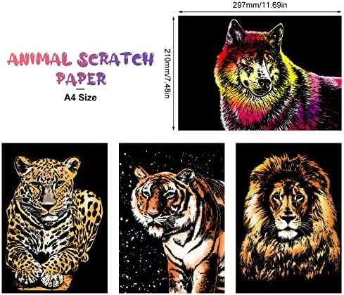 AKlamater 8pcs Scratch Art Paper Animals Rainbow Painting Sketch Art Craft Scratch Scratchboard for Adult and Kids with 5 Tools (A4/A5 Size)