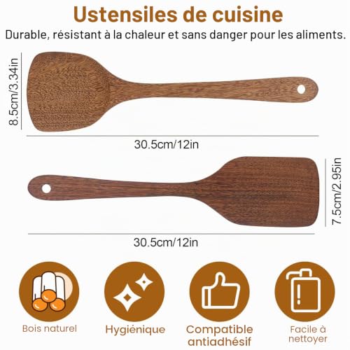 smtfcty Lot de 2 spatules en bois d'olive de 30 cm - Ustensiles de cuisine avec grain unique pour poêle, ustensiles de cuisine et spatule en bois – vue 2