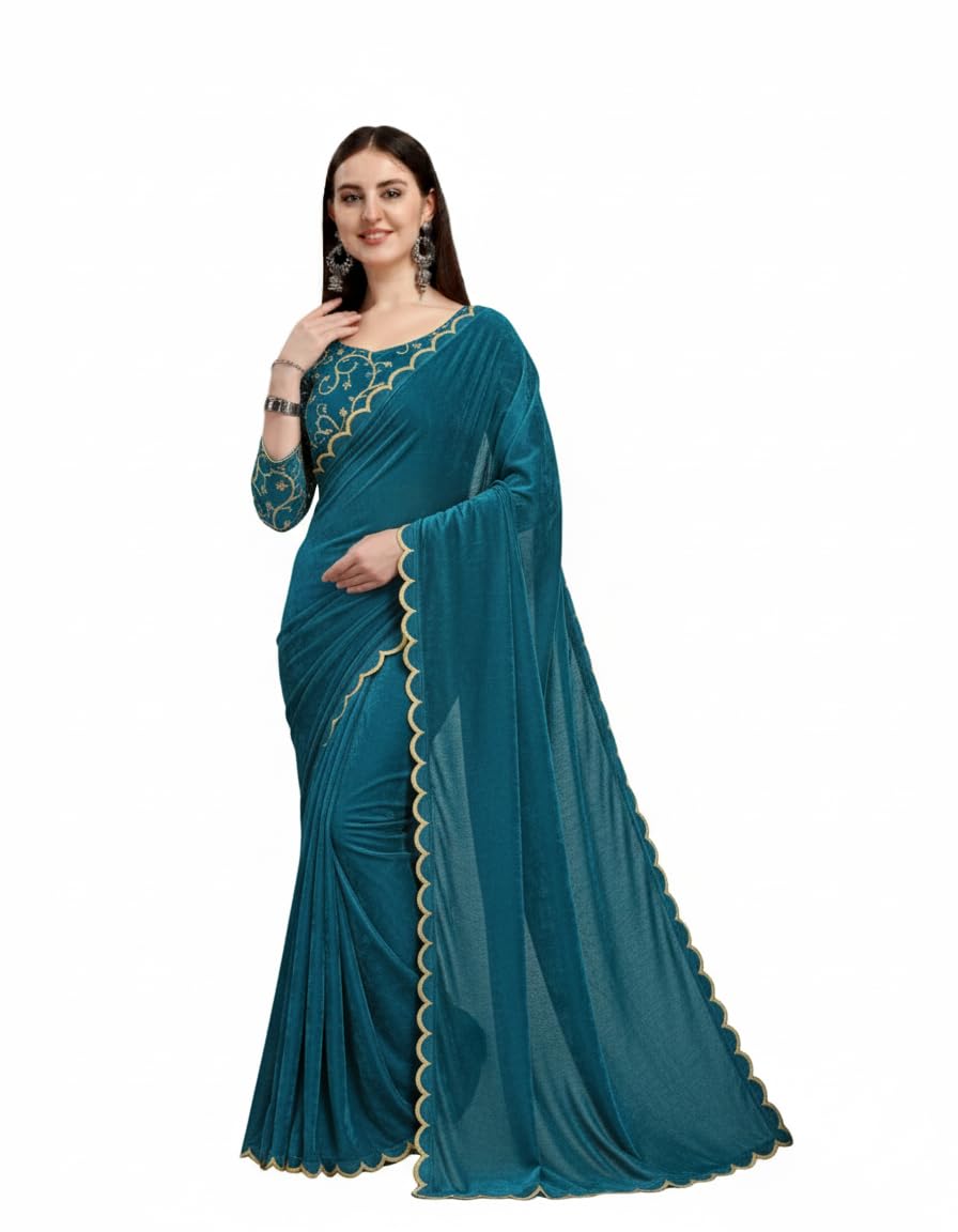 Elegant Velvet Silk Saree with Gold Scalloped Border, Traditional Indian Ethnic Wear, Full Length-picture-44