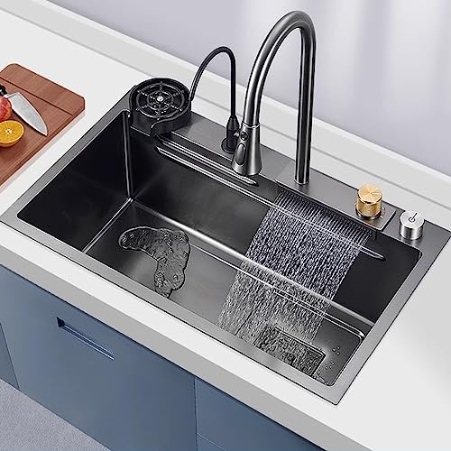 WIQUYBML Black Nano Kitchen Sink,304 Stainless Steel Raindance Waterfall Sink,Home Sink Vegetable Basin Single Workstation with Pull-Out Faucet,with Pressurized Cup Washer (Color : Black, S