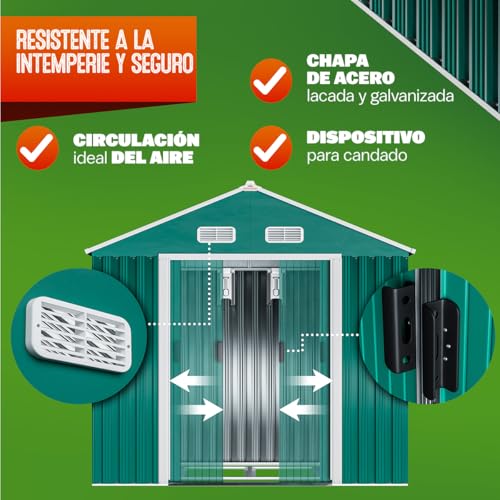 Miniatura 4 de Gardebruk Cobertizo De Jardín Exterior Con Base 2m Caseta Acero Galvanizado 200x135x190cm Xl Puerta Corredera Techo Dos Aguas Ventilación Resistente Intemperie Almacenamiento Orden 4 Ganchos Verde