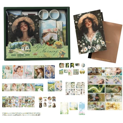 Cullevo Vintage Scrapbooking Kit – Dreamy Dawn Edition, 124 PCS Scrapbook Supplies with Washi Tape, Stickers, A6 Grid Notebook for DIY Bullet Journaling & Planner Crafts Gift for Girls Women