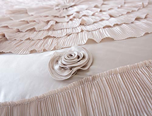 Tache Satin Ruffle Floral Elegant Champagne Beige Frosted Fields Victorian Royal 6Pc Comforter Bedding Set, King #TOP4