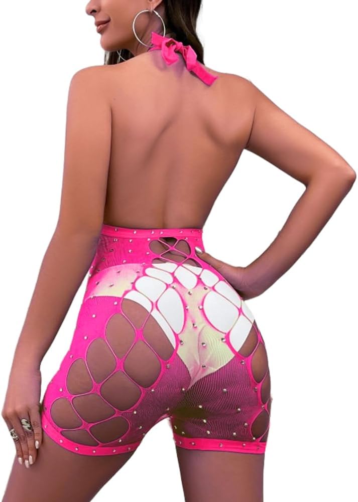 SIQITECHNO Women Sparkle Rhinestone Lingerie Fishnet Bodysuit Sexy See Through Body Suit Cross Neck Mesh Top Rave Outfits - Image 4