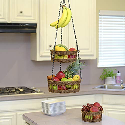 Hanging Fruit Basket 3 Tier - Free Up Countertop - Wicker Vegetable Storage And Fruit Organizer - Saves Space - Macrame Hanging Baskets For Kitchen With Banana Holder - Carries 20Lb - Brown #TOP5