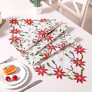 KAHEIGN 38CM x 176CM Christmas Table Runners, 2 Sides Cotton Linen Embroidered Table Runner Poinsettia and Holly Leaf Table Linens for Wedding Table Decoration Xmas Decorations