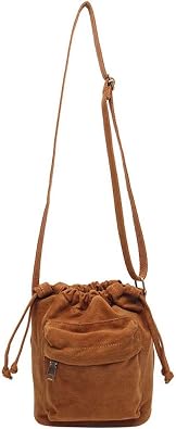 Jeelow Small Canvas Drawstring Bucket Crossbody Bag Purse for Women | Cute little boho style, brushed cotton, striped lining, cinch top, zip front pocket, adjustable shoulder strap