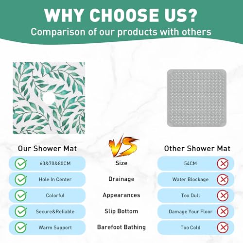 Image of Square Shower Mat Non Slip: 32 x 32 Inch Extra Large Shower Mats with Drain Hole in Middle - PVC Loofah Anti Slip Shower Floor Matt for Inside Shower