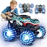 Ferngesteuertes Auto, Monstertruck Ferngesteuert mit Licht-Reifen und Musik | 2,4GHz Monster Truck mit 360°Drehung & Aufrecht Gehen, 100MIN Spielzeit, 1/20 Dino Spielzeug ab 3 4 5 6 7 8 9 10 Jahre Junge