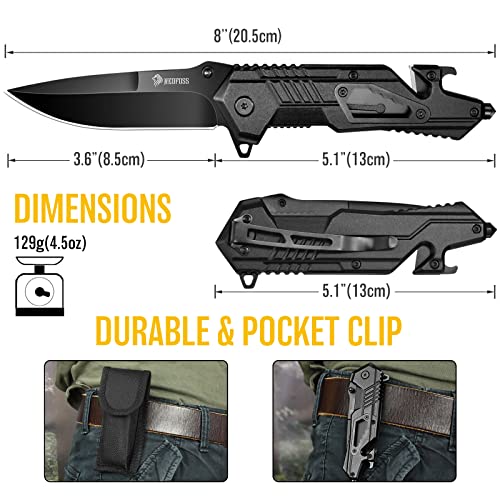 Nedfoss Ak10 Pocket Knife For Men, 5 In 1 Edc Folding Knife Gifts For Men, Survival Knife With Liner Lock, Cool Knife With Glass Breaker, Seat Belt Cutter, Pocket Clip #TOP5