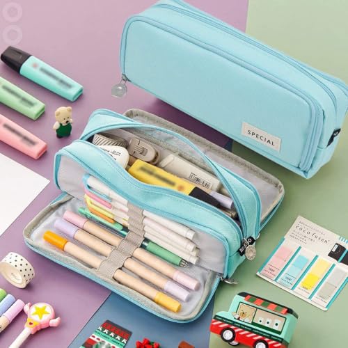 Image of MAMUNU Large Capacity Pencil Case, 3 Compartments Canvas Pencil Pouch with Zipper, Aesthetic Pencil Bag Pen Pouch for School Office Students Teen Girls Boys, Light Blue