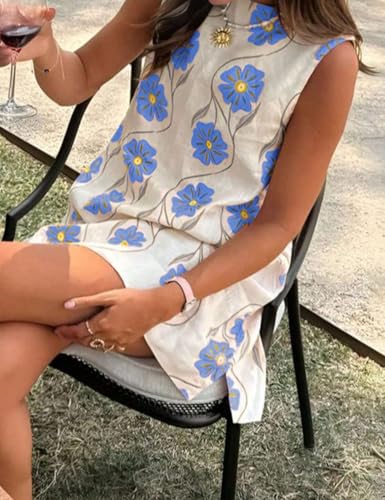 Image of Womens Summer Floral Print Mini Dress Romantic Sleeveless Shift Short Dress Vacation Fairy Dresses