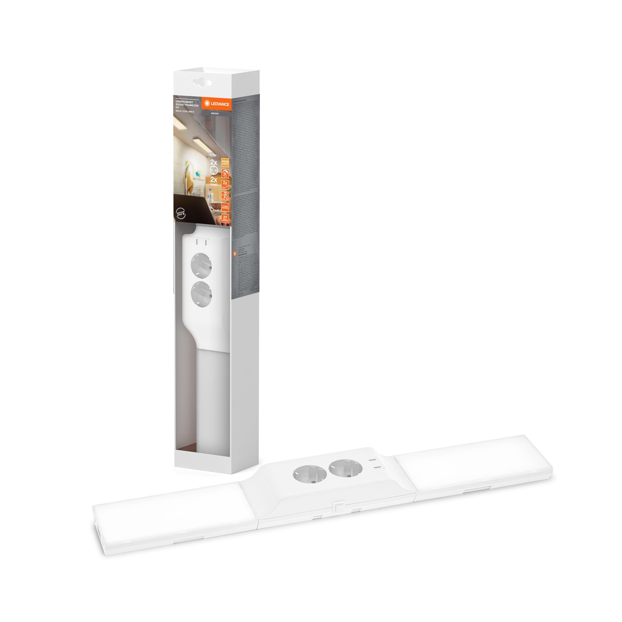 LEDVANCE apparecchio sottopensile con 2 prese e 2 connessioni USB-C, fascio luminoso ampio, 10 W, 500 lm, 3000 K, 830 bianco caldo, dimmerabile, set bianco in plastica (PC), IP20