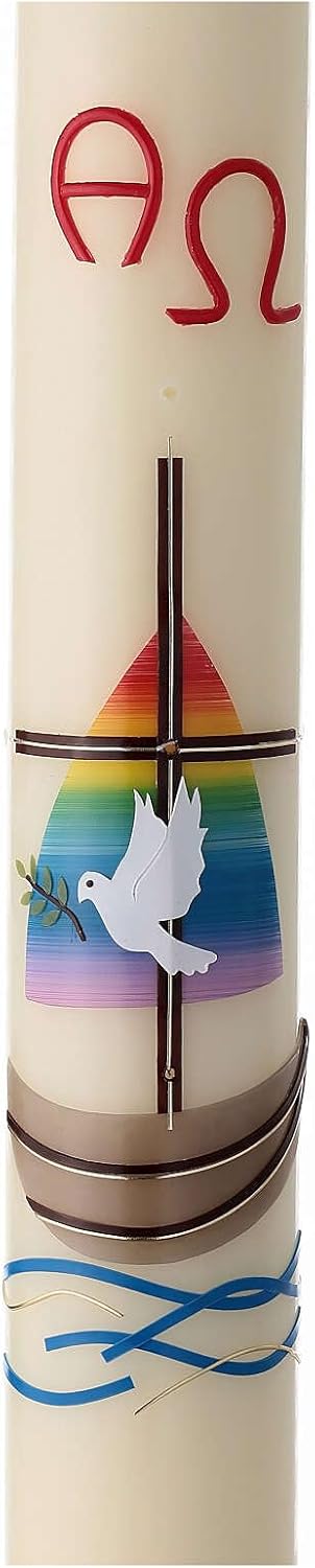 Modern Easter Candle with Noah's ark, Dove and Rainbow 80x8 cm