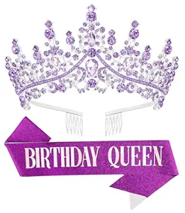 Birthday Tiara Crown with Sash for Women, Headband Hair Accessories for Wedding Party Costume (A-Purple)