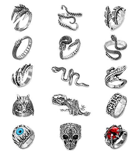 Honsny 15Pcs Vintage Punk Rings for Men Women Gothic Octopus Dragon Claw Snake Wolf Skull Rings Open Adjustable Rings Set Jewelry
