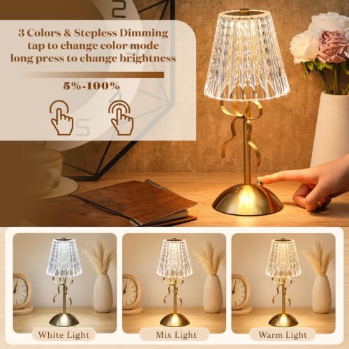 Image of Liliful 2 Pcs Cordless Table Lamp Rechargeable Touch LED Small Gold Portable Battery Operated USB-c Desk Lamp 3 Color Dimmable for Bedroom Living Room Dining (Gold,Classic Style Bow)
