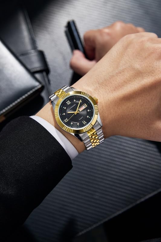 Image of Giordano Classic Analog Quartz Watch for Men with Textured Dial, Fluted Bezel, Day & Date Display & Two-Tone Stainless Steel Strap