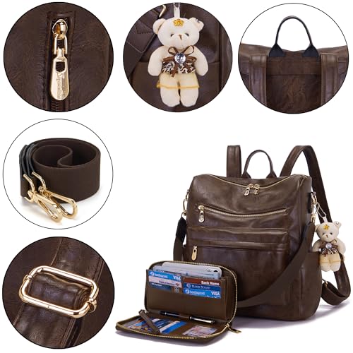 Image of Soperwillton Women Backpack Purse Shoulder Handbags Travel Bag Set 2pcs | Soft PU Leather,Large Capacity,Many Pockets,with a Functional Wallet,with a Detachable Shoulder Strap,Multipurpose Design