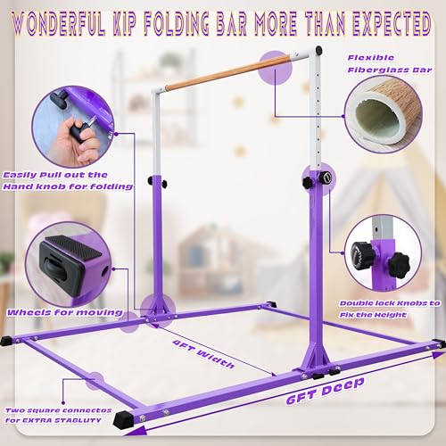 Image of Seliyoo Foldable Gymnastics Bar for Kids Teens Ages 3-18, 5FT /6FT Kip Training Bar -Sturdy Base for Home Training,Adjustable Height 35 inch to 59 inch for, 400 LBS Capacity,Anti-Slip Base & Easy Assembly