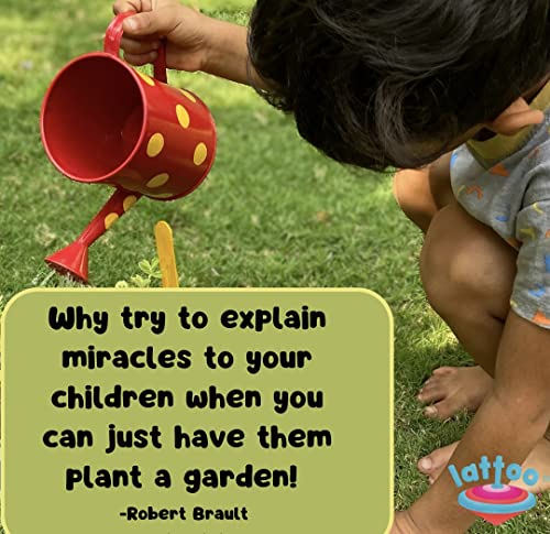 Lattooland Gardening Tools For Kids | 2 Wooden Tools | 1 Child-Size Metal Water Sprinkler Can