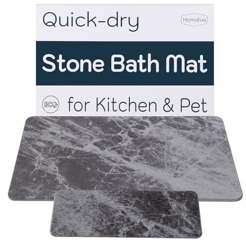 Homdiva Stone Bath Mat,Diatomaceous Earth Shower Mat, Quick Drying Nonslip Water Absorbent Diatomite Mat for Bathroom Floor, Kitchen Counter & Pet - Marble - Dark Gray - 24