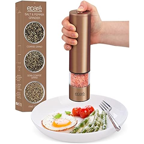 Eparé Battery Operated Electric Salt and Pepper Grinders - Copper Steel Black Pepper Mills & Himalayan Salt Grinder Refillable - Peppermill Shaker with LED Light for Kitchen Condiments & Travel Cover