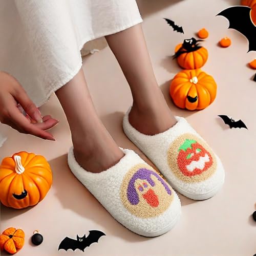 Halloween Slippers for Women Men 2025, Retro Memory Foam Plush Fluffy Warm Ghost Fuzzy Slippers Holiday Slip-on Indoor Outdoor House Plush Warm Anti-Skid Sole Shoes2
