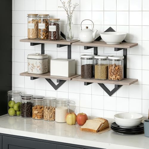 Image of HOOBRO Floating Shelves, 15 Inch Wall Shelf Set of 2, Wall Mounted Storage Shelves 2-Tier, Hanging Bathroom Shelves, for Living Room, Bedroom, Bathroom, Kitchen, Greige and Black BG13BJP201